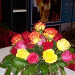 Red, yellow, and pink rose arrangement